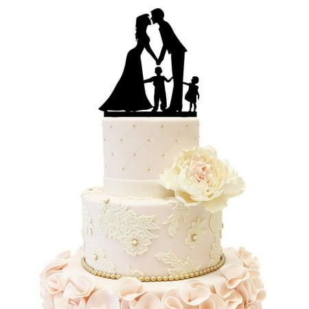 Popeven Wedding Cake Topper with Little Girl and Boy, Bride and Groom Silhouette, Cake Decoration Wedding Anniversary Cake Topper couple with 2 kids (Boy and Girl (Black)