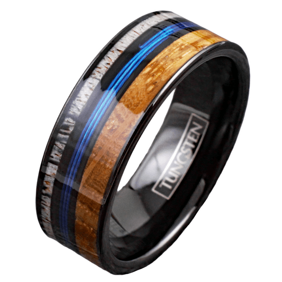 Blue Fishing Line Wedding Band Ring for Men Black Tungsten Carbide Whiskey Barrel Oak Wood and Deer Antler Inlay