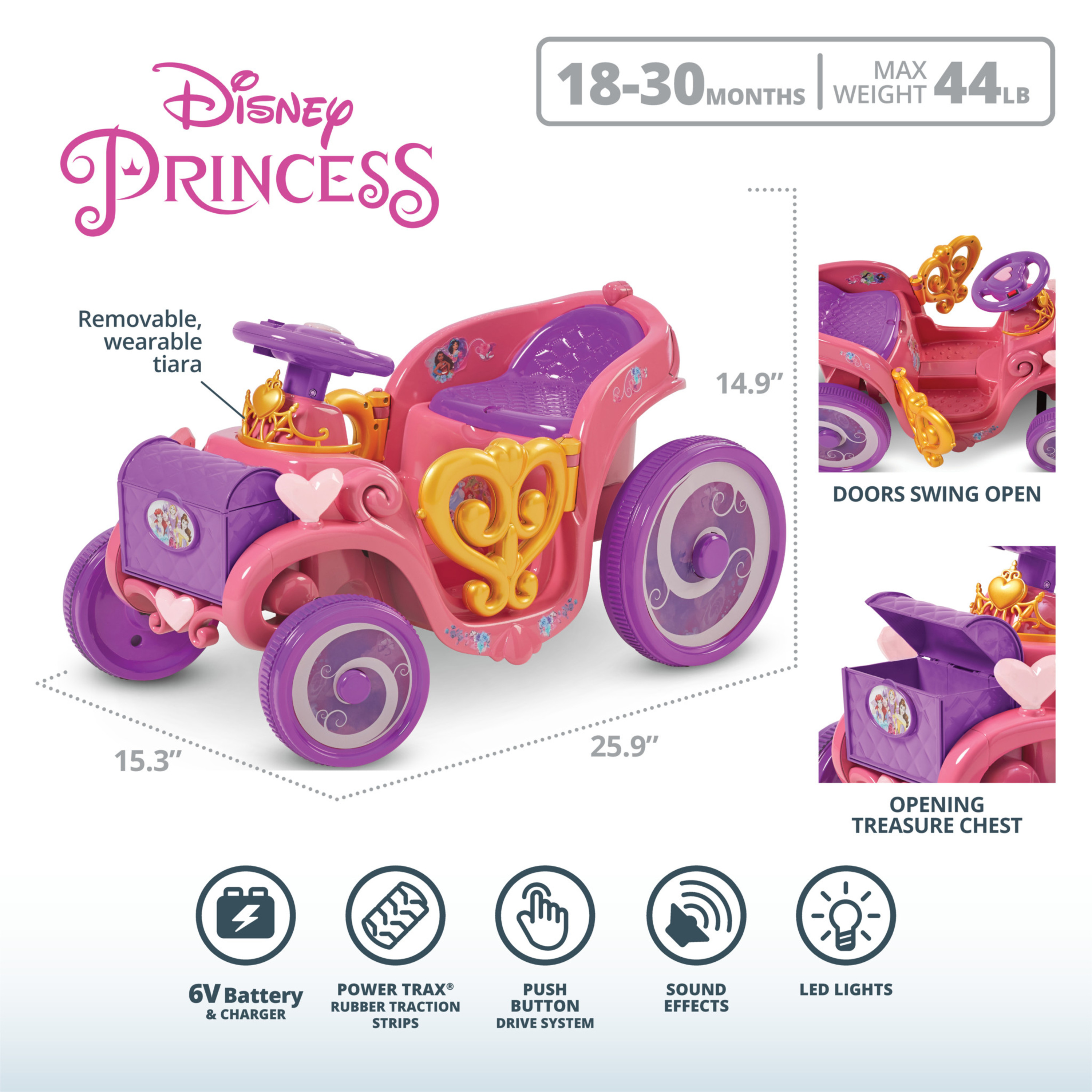 Disney Princess Enchanted Adventure Carriage Quad, 6-Volt Ride-On Toy by Kid Trax, ages 18-30 months, pink - image 6 of 8