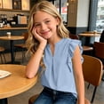 thumbnail image 6 of Fengqque Girls Blouse V-Neck Ruffled Cap Sleeves Pleated Front Relaxed Fit Flowy Casual Top 5-14 Years Light Blue 7-8Years, 6 of 9