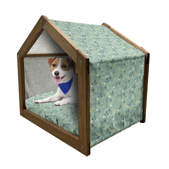 Floral Pet House, Flourishing Spring and Summer Season Leaves Tulips Petals Illustration, Outdoor & Indoor Portable Dog Kennel with Pillow and Cover, 5 Sizes, Turquoise Teal Marigold, by Ambesonne