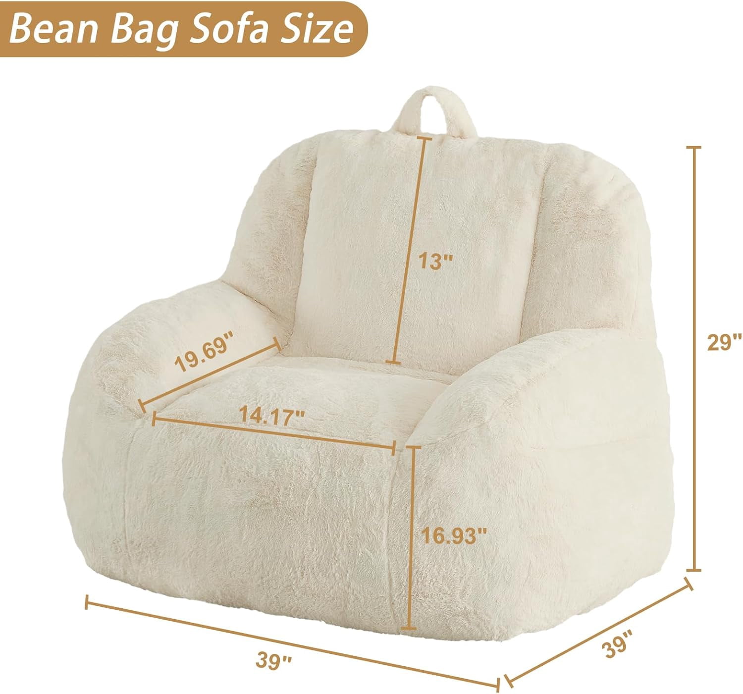 Oversized Faux Fur Bean Bag Chair - Stuffed Floor Couch with Carry Handle for Adults, Beige
