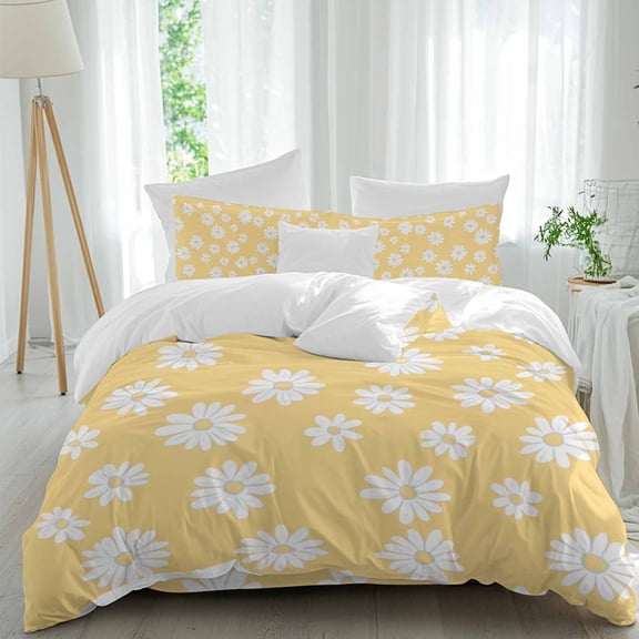 Retro Daisy Duvet Cover Set California King Size White Floral Yellow Backdrop Soft Lightweight Comforter Covers 4 Piece Bedding Set with 1 Duvet Cover 1 Bed Sheet & 2 Pillow Shams