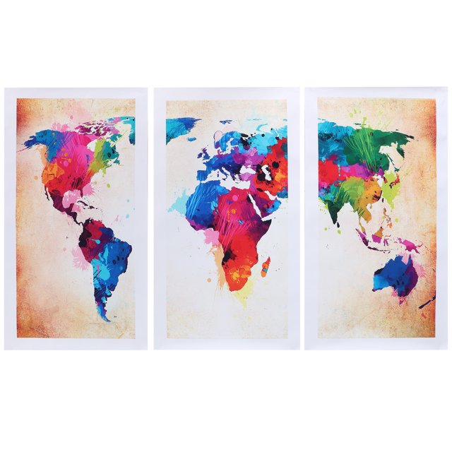 3PCS Colorful Frameless Canvas World Map Pattern Painting Wall Art Picture for Home Office Decoration