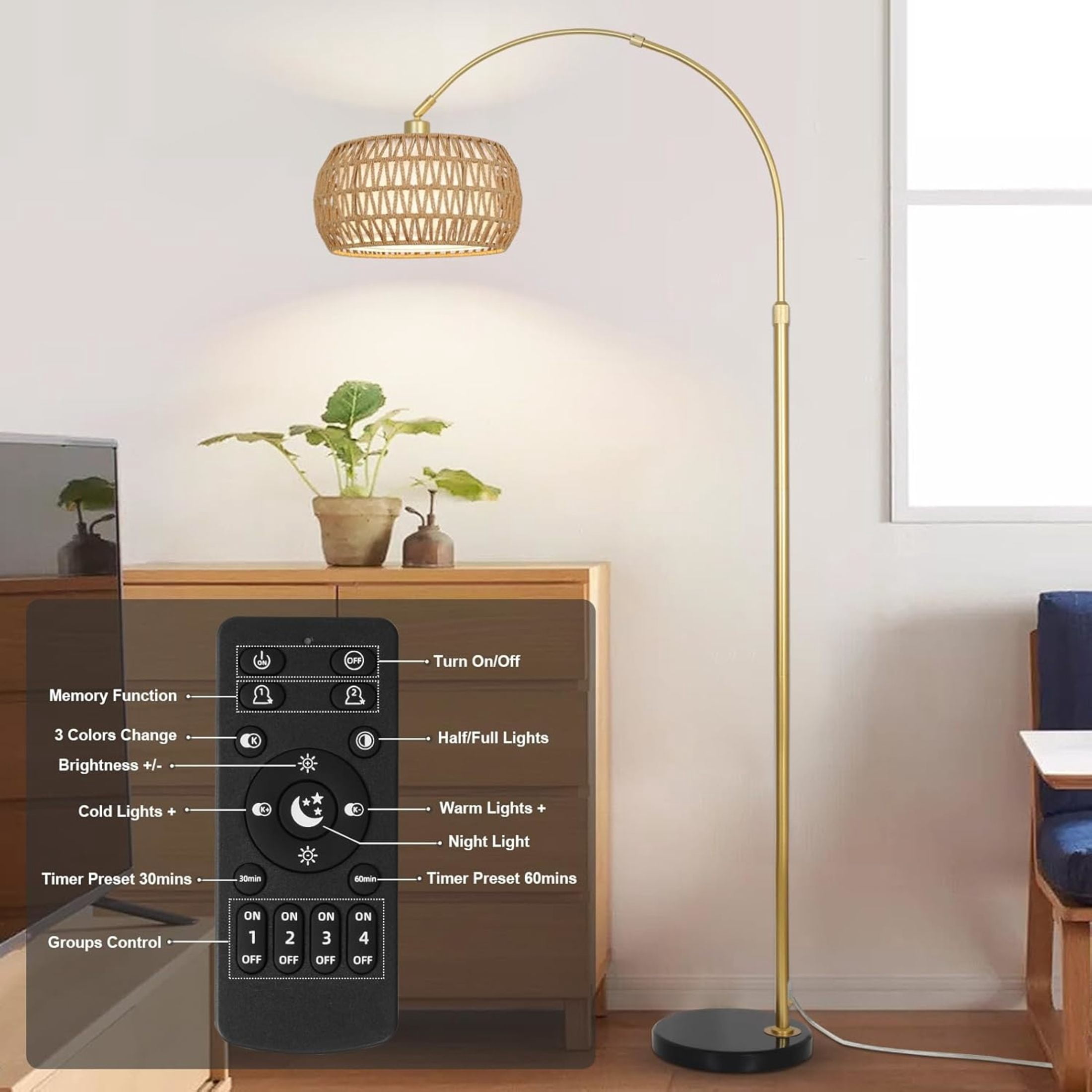 Noble House Arc LED Floor Lamp with Remote, Boho Rattan Shade Height Adjustable Over Couch Reading Light, Gold