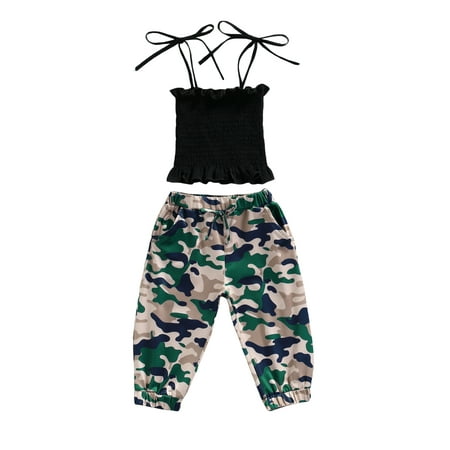 

ZIYIXIN Summer Kids Girls Clothes 2pcs Strap Sleeveless Solid Vest Tops Camouflage Printed Pants Sets Black 18-24 Months