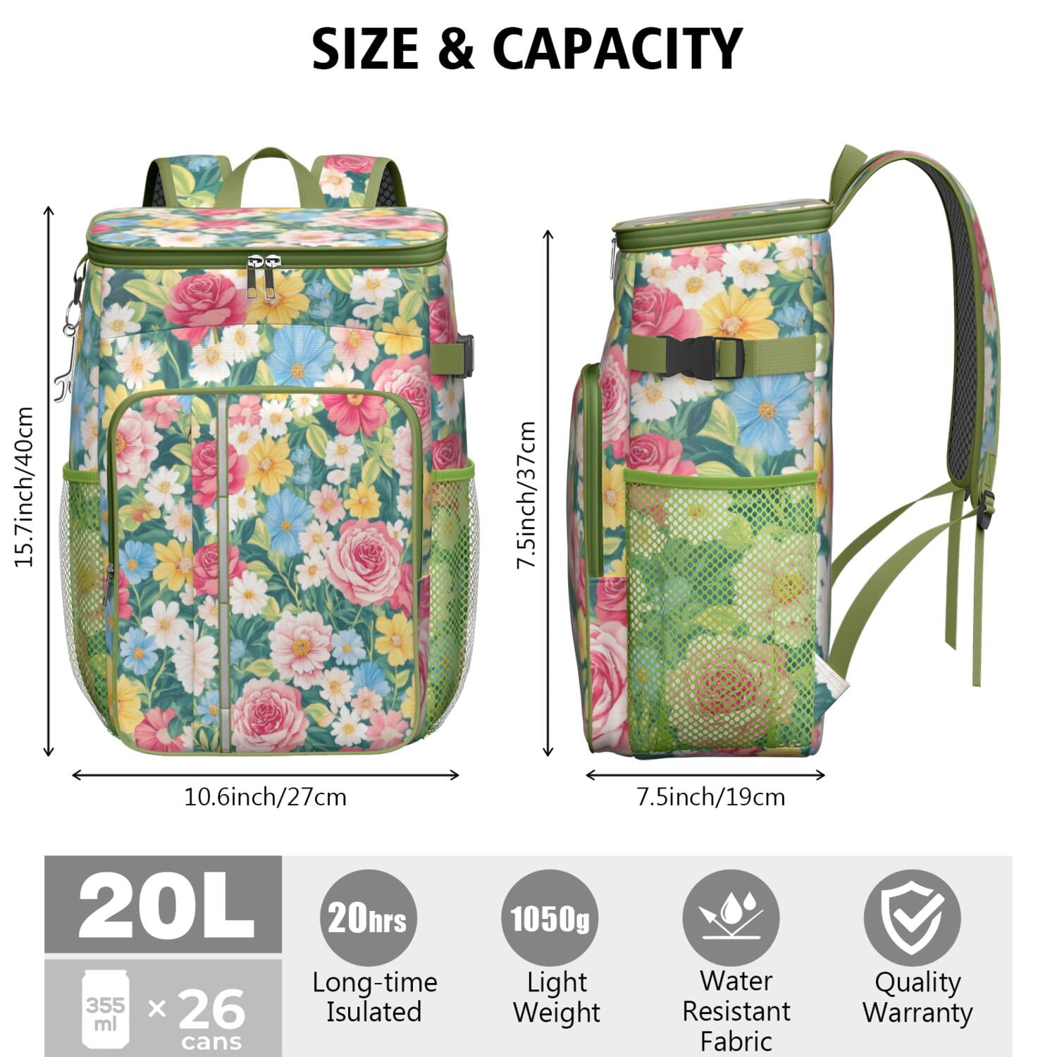 Travel Cooler Bag - Pioneer Flower Floral Print Pattern Camping Beer Cooler Backpack with Bottle Opener- Waterproof Insulated Picnic Backpacks - Cooler Bag for Beach