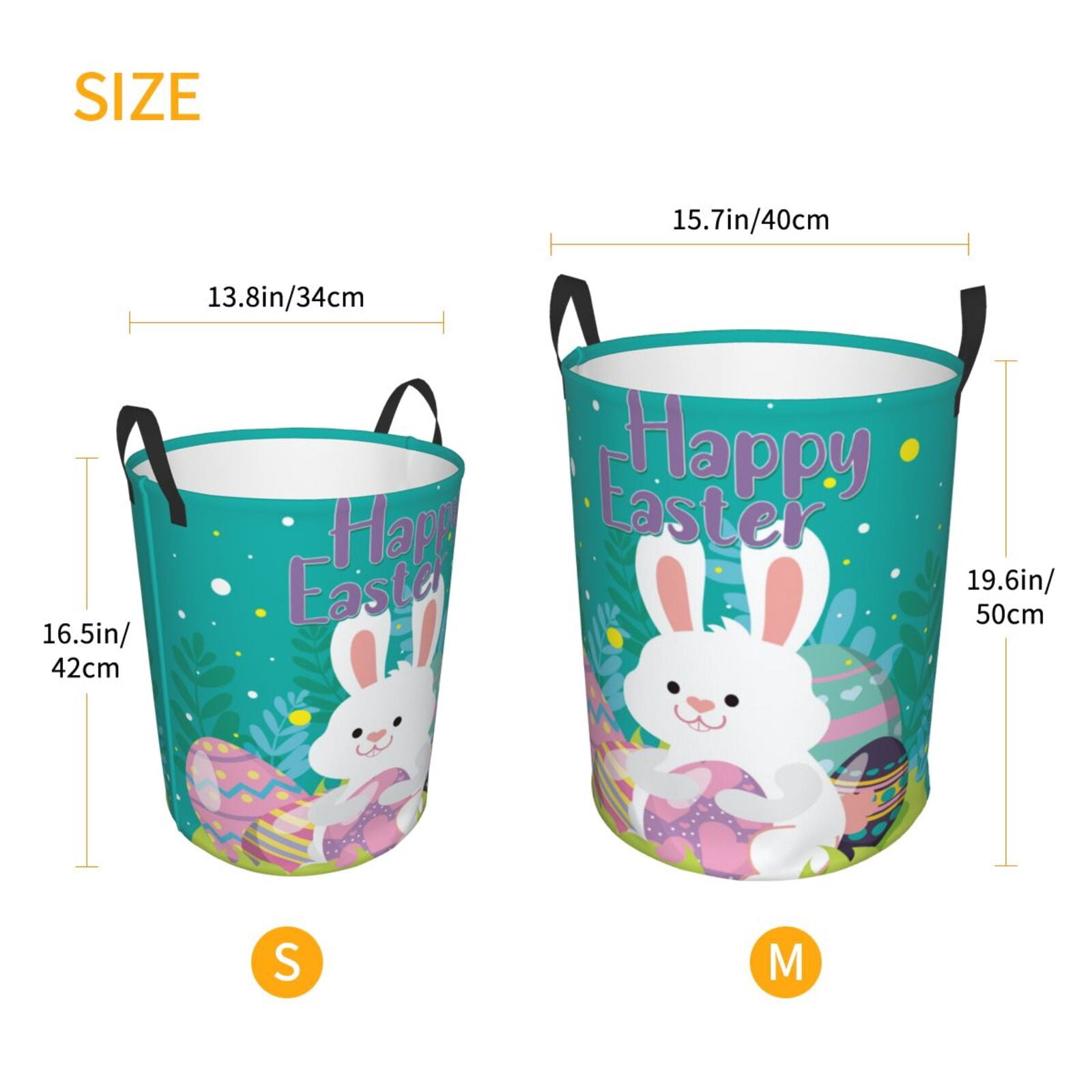 Gukieu Happy easter Print Round Dirty Clothes Bag, Waterproof Standing Home Bathroom Storage Basket Car Trunk Storage Bag-Small