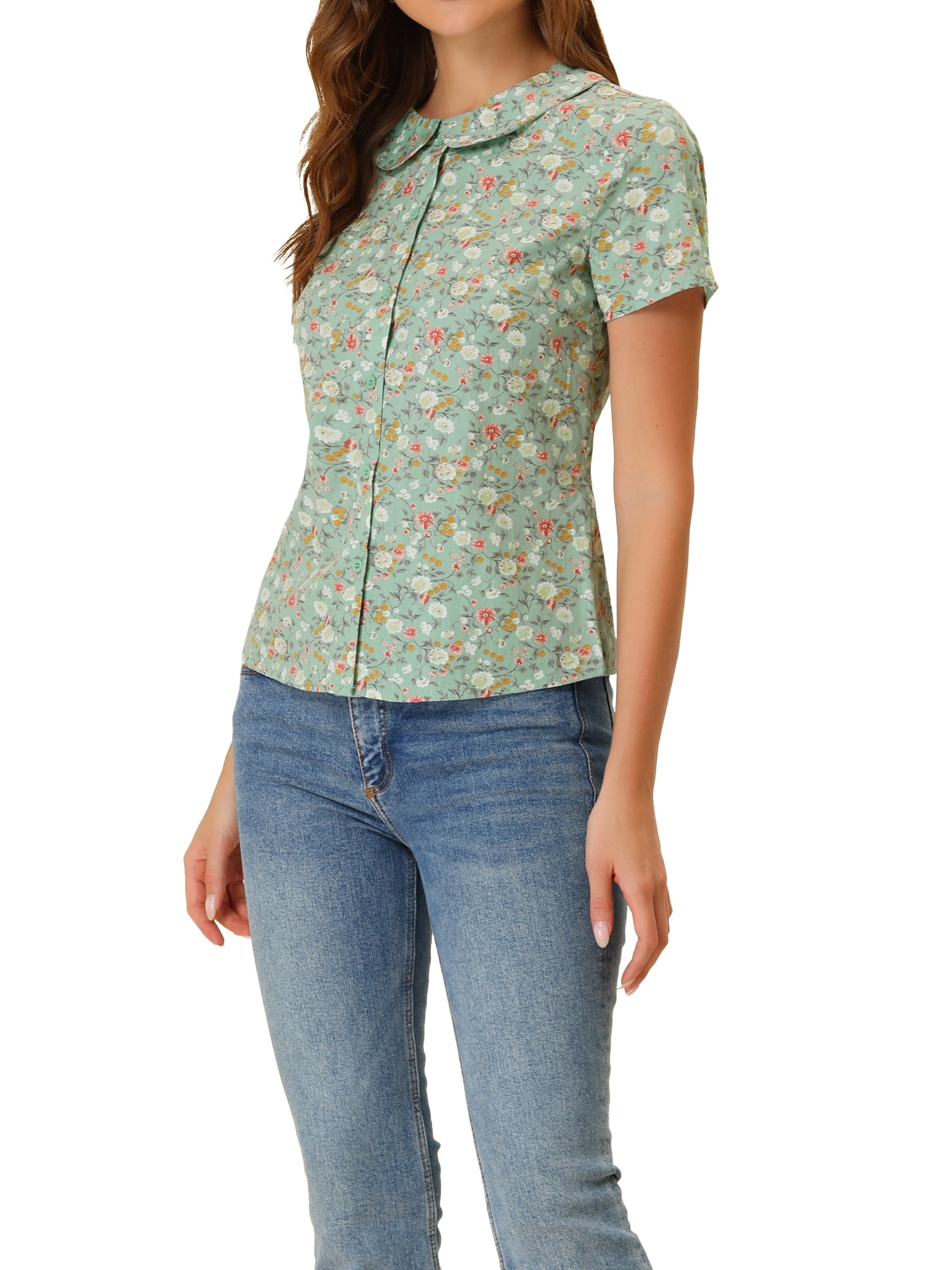 DARING DIVA Women's Retro Peter Pan Collar Button Front Blouse XL Green