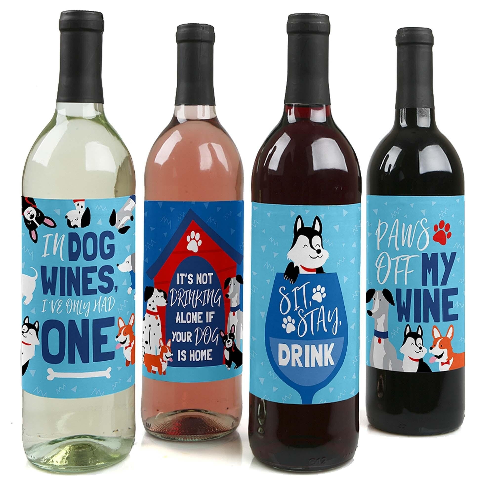 Pawty Like a Puppy - Dog Baby Shower or Birthday Party Decorations for Women and Men - Wine Bottle Label Stickers - Set of 4 