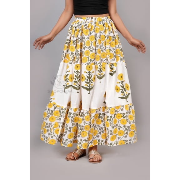 Women Yellow Floral Block Printed Cotton Maxi Skirt with Elastic Waist, Casual Summer Skirt - XS