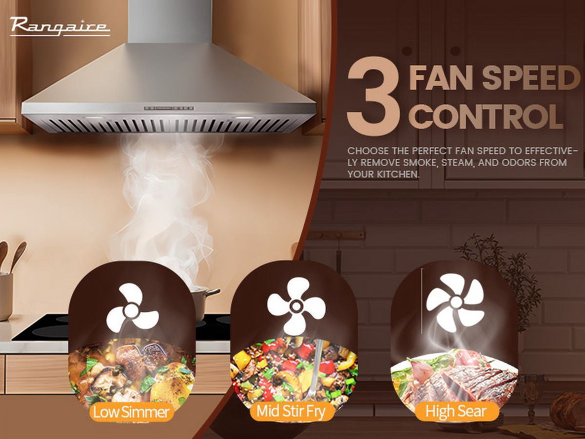 Rangaire RHWMP30S 30" Wall Mounted Hood - Stainless Steel, 3 Speed Fan, LED Lights, Push Button Control