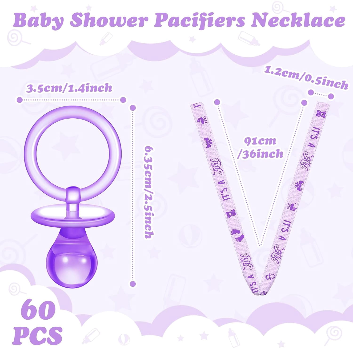 60 Pieces Baby Shower Pacifiers Necklace Acrylic Pacifiers Necklace Charm for Baby Shower Party Favors Decorations, Women Style(Purple)