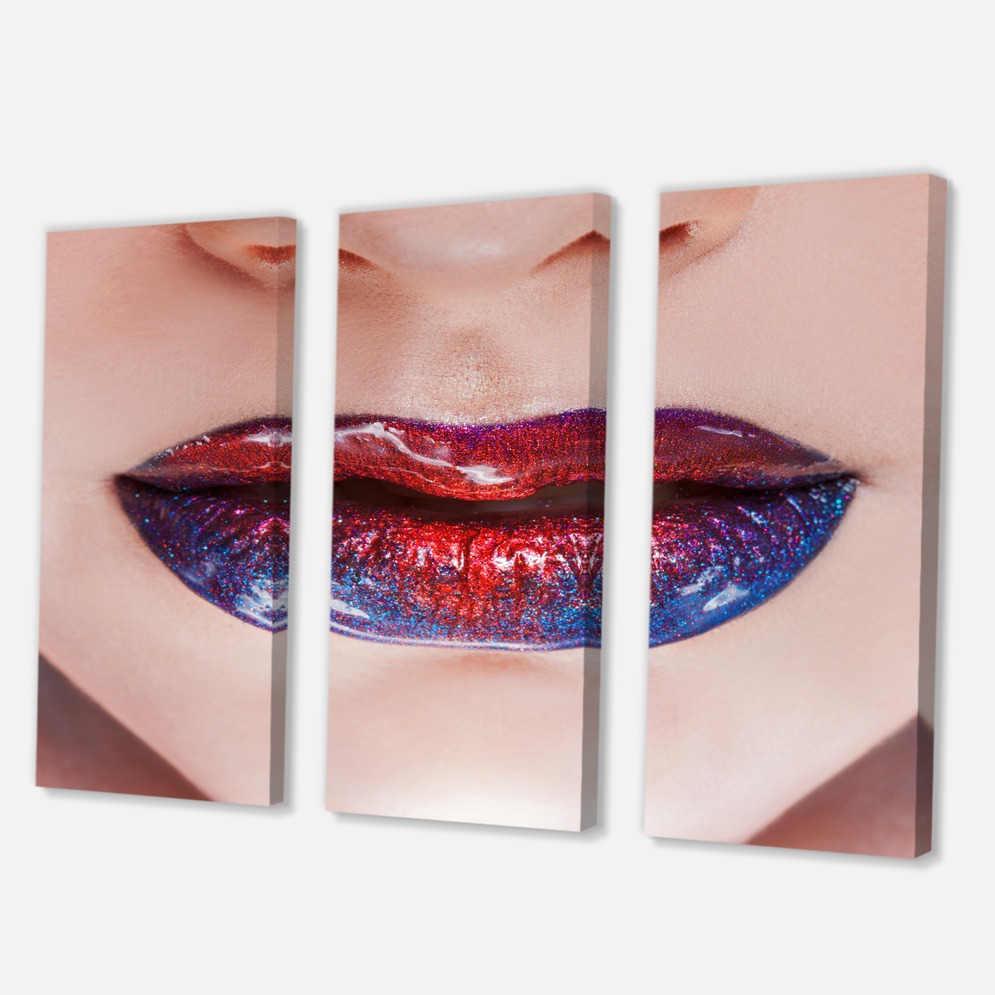 Designart ' Beautiful Women Lips With Red and Blue Lipstick ' Modern Canvas Wall Art Print