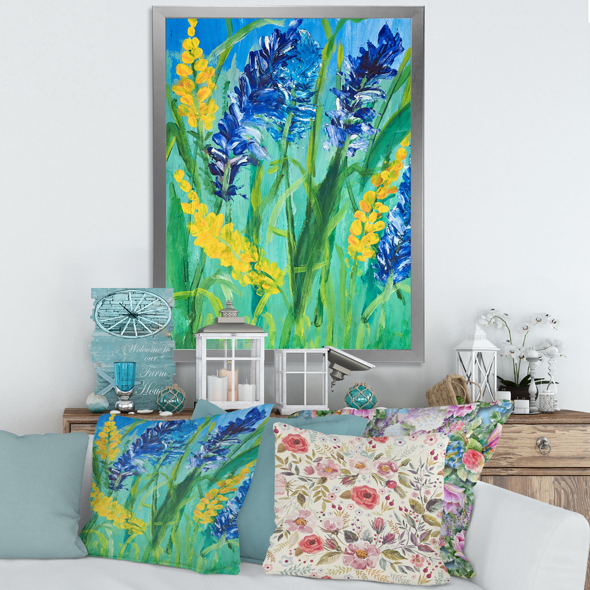 Designart 'Yellow and Blue Wild Flowers and Grass Gouache' Traditional Framed Art Print