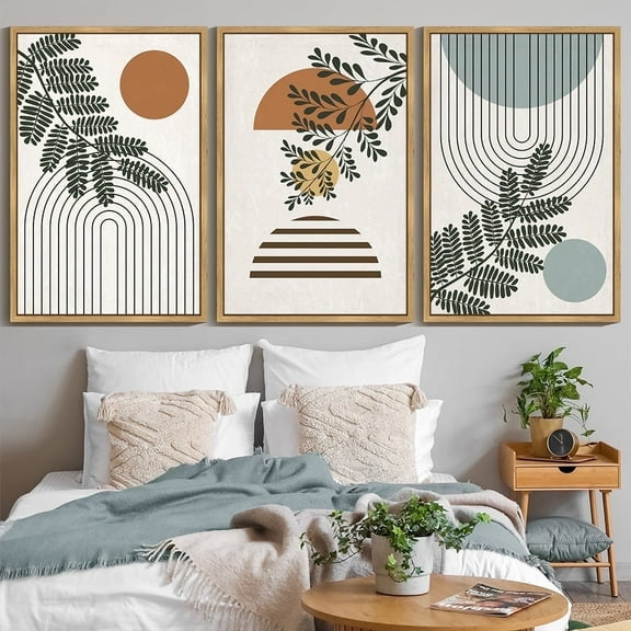 SHENIFY large 24x36in3pcs Natural Framed Botanical Boho Wall Art Modern Plant Leaf Bohemian Wall Decor Abstract Geometry Lines Prints Ready to Hang