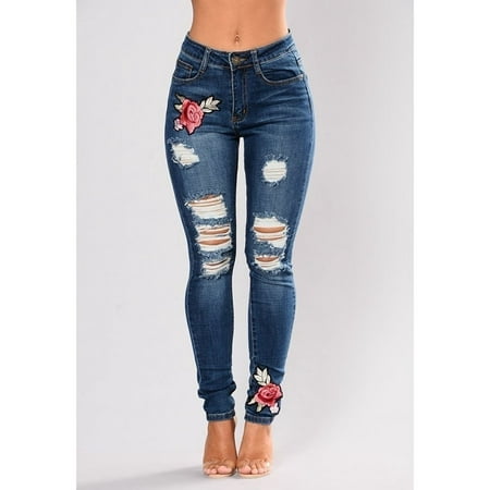 Flower Embroidered Ripped Jeans for Women Sexy Casual Big Stretch Skinny Jeans Denim