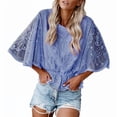 thumbnail image 3 of Women Lace Embroidered Blouse Batwing Short Sleeve Peplum Loose Casual Top Blue XL, 3 of 7