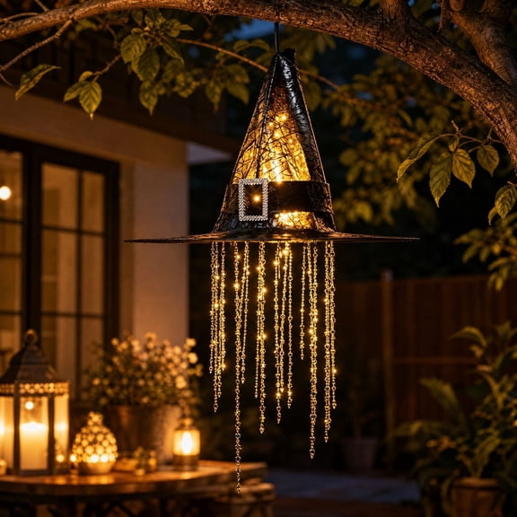 Light Up Witch Hat Glowing Ornament, Halloween Lighted Witch Hat Home Desktop Decorations, Rustic Outdoor Halloween Home Decor, 12"