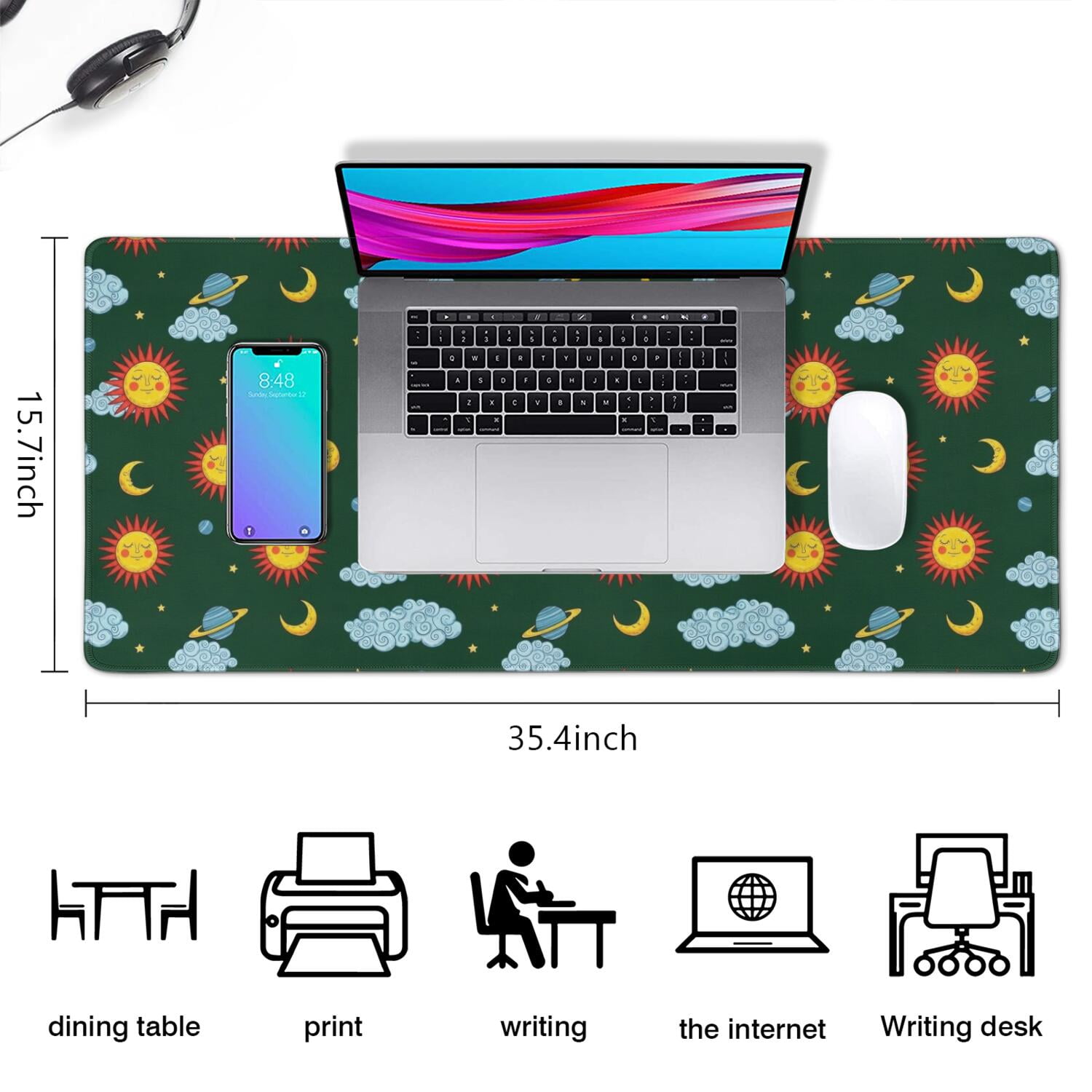 Long Mouse Pads for Desk,Green Sun Moon Cloud Planet Pattern Desk Mats on Top Of Desks, Desk Mouse Pad Extra Large with 3mm Non-Slip Base and Stitched Edge for Gaming,Office,Work,Home 35.4"x15.7"