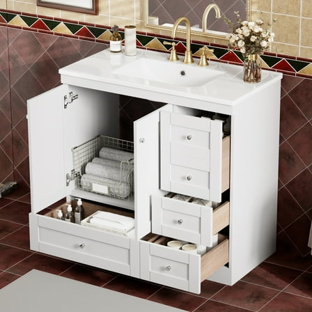 Shaker Style Bathroom Vanity with Ceramic Sink, 4 Soft Close Drawers and 2 Doors, 36" White for Ample Storage