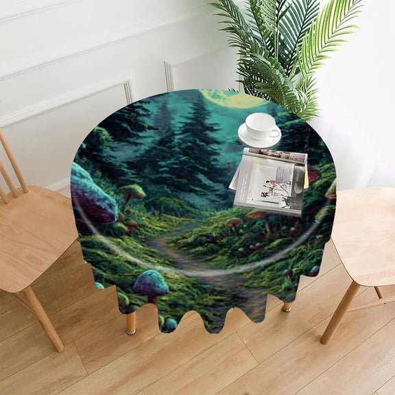 RKSupls 60 Inch Round Tablecloth, Mushroom Forest Moon Premium Polyester Straight Edge Wrinkle Resistant Washable Table Cover for Party Home Dining Decor