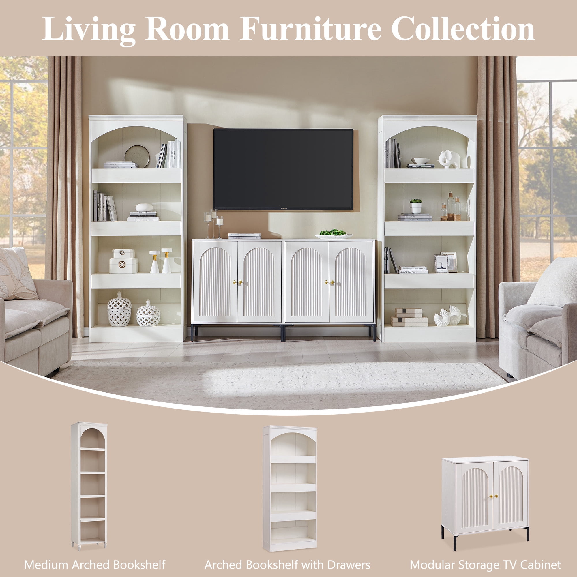SinCiDo 76" Tall Arched Bookcase w/Hidden Magnetic Lock Drawer at the Bottom, 4-Tier Large Open Bookshelf w/3 Pull-Out Drawers for Living Room, Office