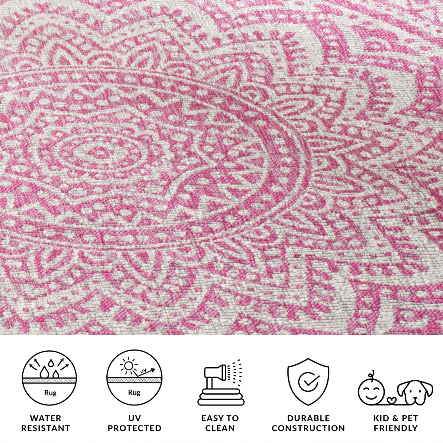 SAFAVIEH Courtyard Josiah Floral Medallion Indoor/Outdoor Area Rug, 6'7" x 6'7" Square, Light Grey/Fuchsia