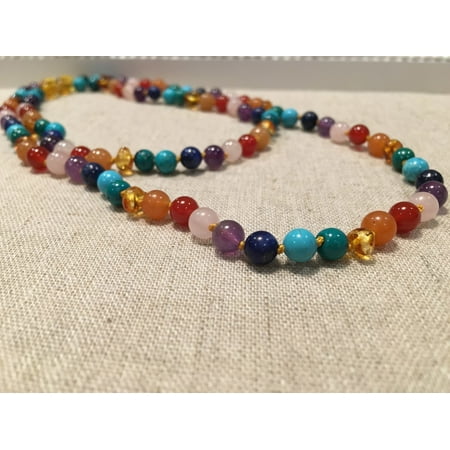 Rainbow Aura Quartz - Baltic Amber Teen Adult 17 19 inch Necklace & 12.5 or 11 inch Necklace SET Rainbow Honey Amber Pink Rose Quartz Red Agate Aventurine Chrysocolla