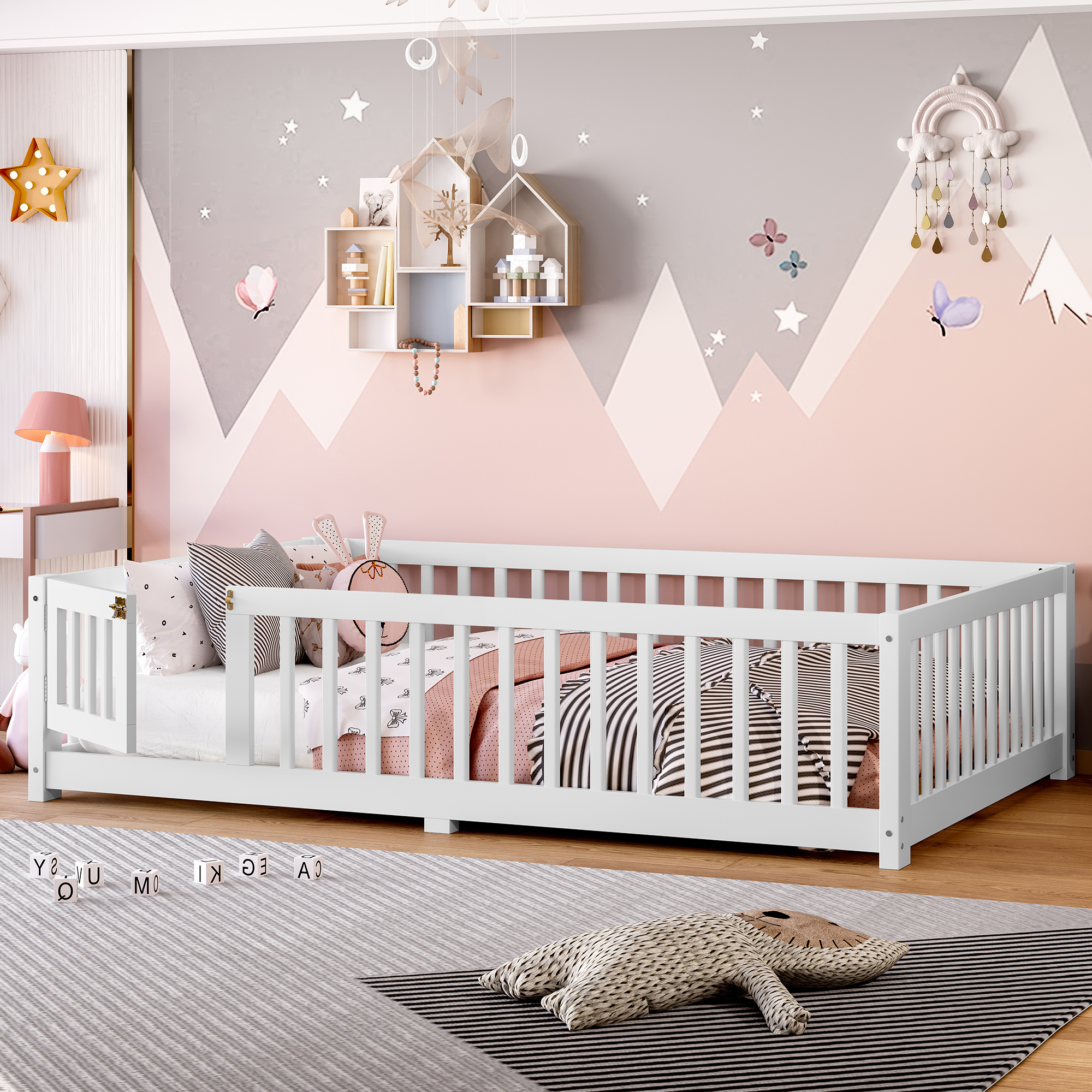 Jopath Full Size Floor Bed Frame,Montessori Bed with Guardrails and Door,with Slatted Base,for Kids,Boys,Girls,White