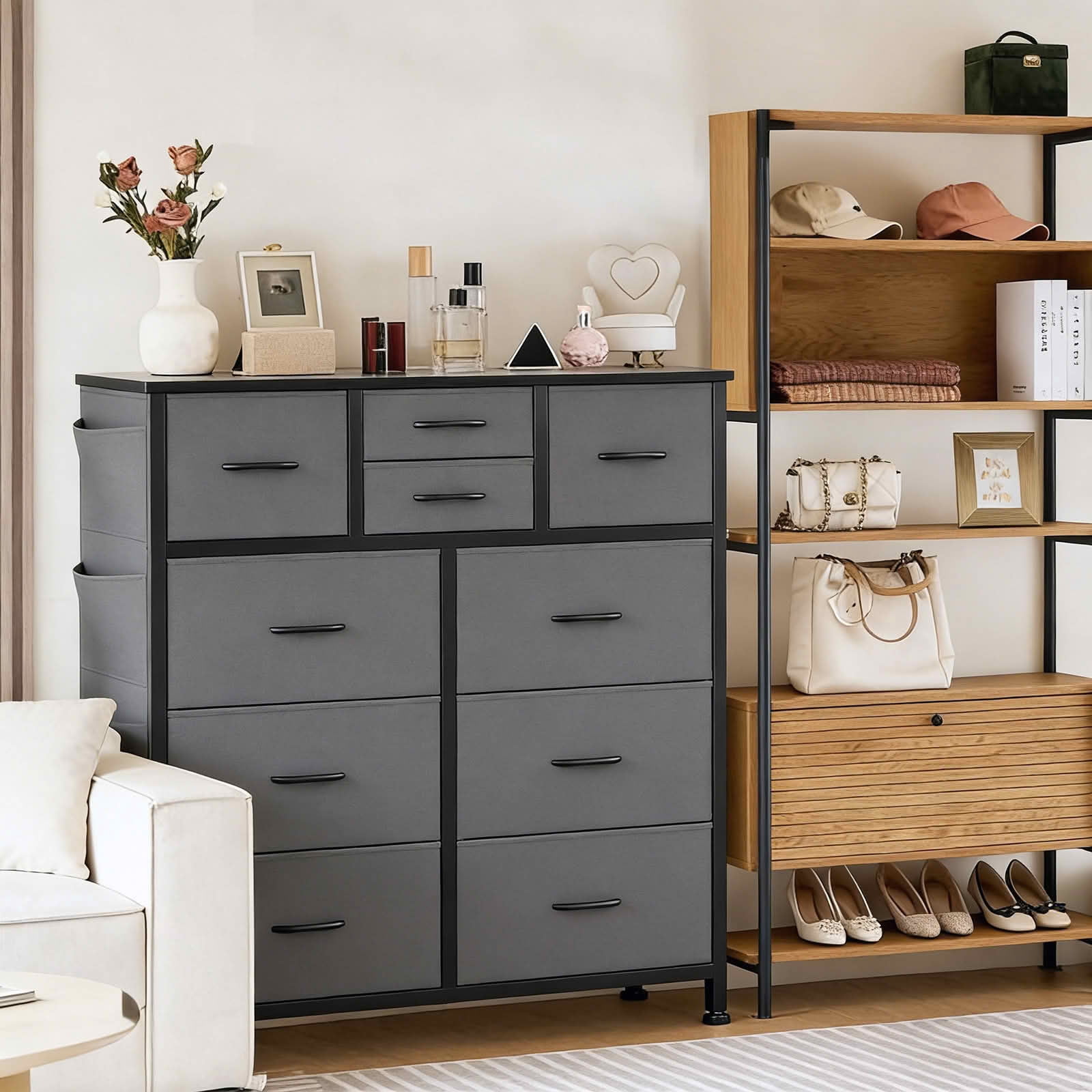 MAYEERTY 10-Drawer Storage Dresser, Cabinet with Side Pocket Hooks Wood Top for Bedroom Closet