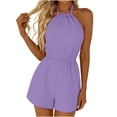 thumbnail image 2 of Bloomae Rompers for Women Casual Adjustable Tie Knot Halter Neck Backless Summer Trendy Solid Color Beach Dressy Short Romper Dresses with Pockets Purple S, 2 of 10