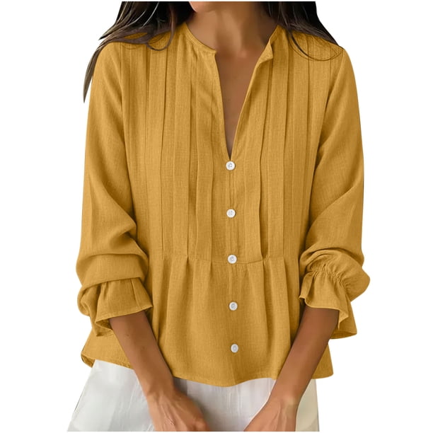 Tops de Manga Larga de las Mujeres de Color Sólido Casual con Detalle Del Botón Plisado, Blusa de Lino con Cuello en V para el Otoño Diario