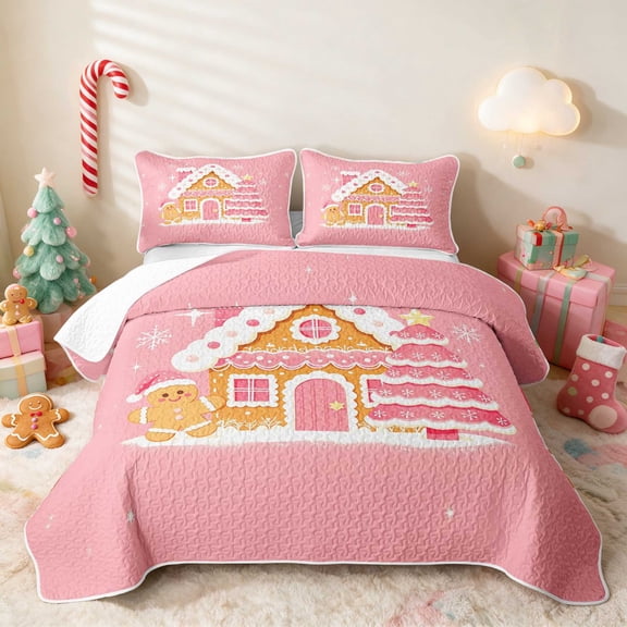 Manfei Gingerbread Twin Quilt Set Christmas Twin Coverlet Set, Gray Green 2-Piece 1 Bedspread and 1 Pillowcase