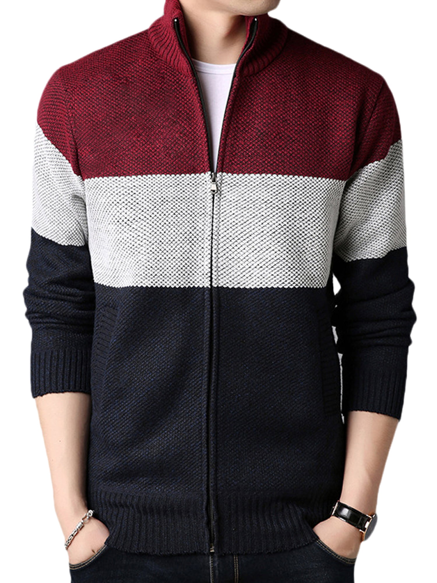 Mens Knitted Cardigan Thick Sweater Full Zip Stand Collar Warm Jumper Fleece Lined Winter Coat 