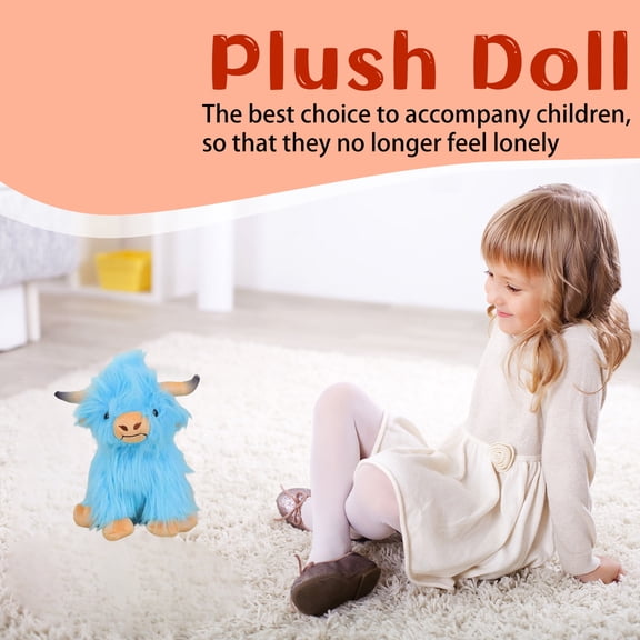 11" Blue Highland Cow Plush Stuffed Animal Toy Fluffy Soft Cattle Plushie Kids Toddlers Companion Pillow Birthday Gift Aesthetic Room Decor