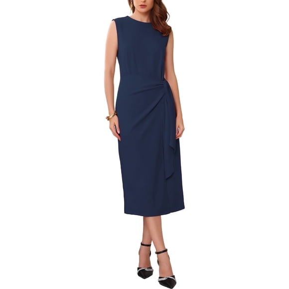 INSPIRE CHIC Women's Business Cocktail Dress 2025 Front Tie Wrap Formal Elegant Sleeveless Sheath Dresses S Dark Blue
