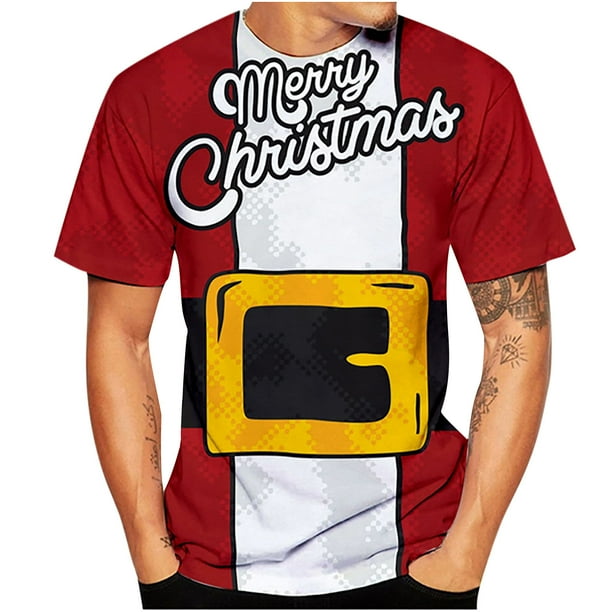 Camiseta con escote para hombre Patrón impreso en 3D de Navidad Manga corta Pompotops oipoqjl2337