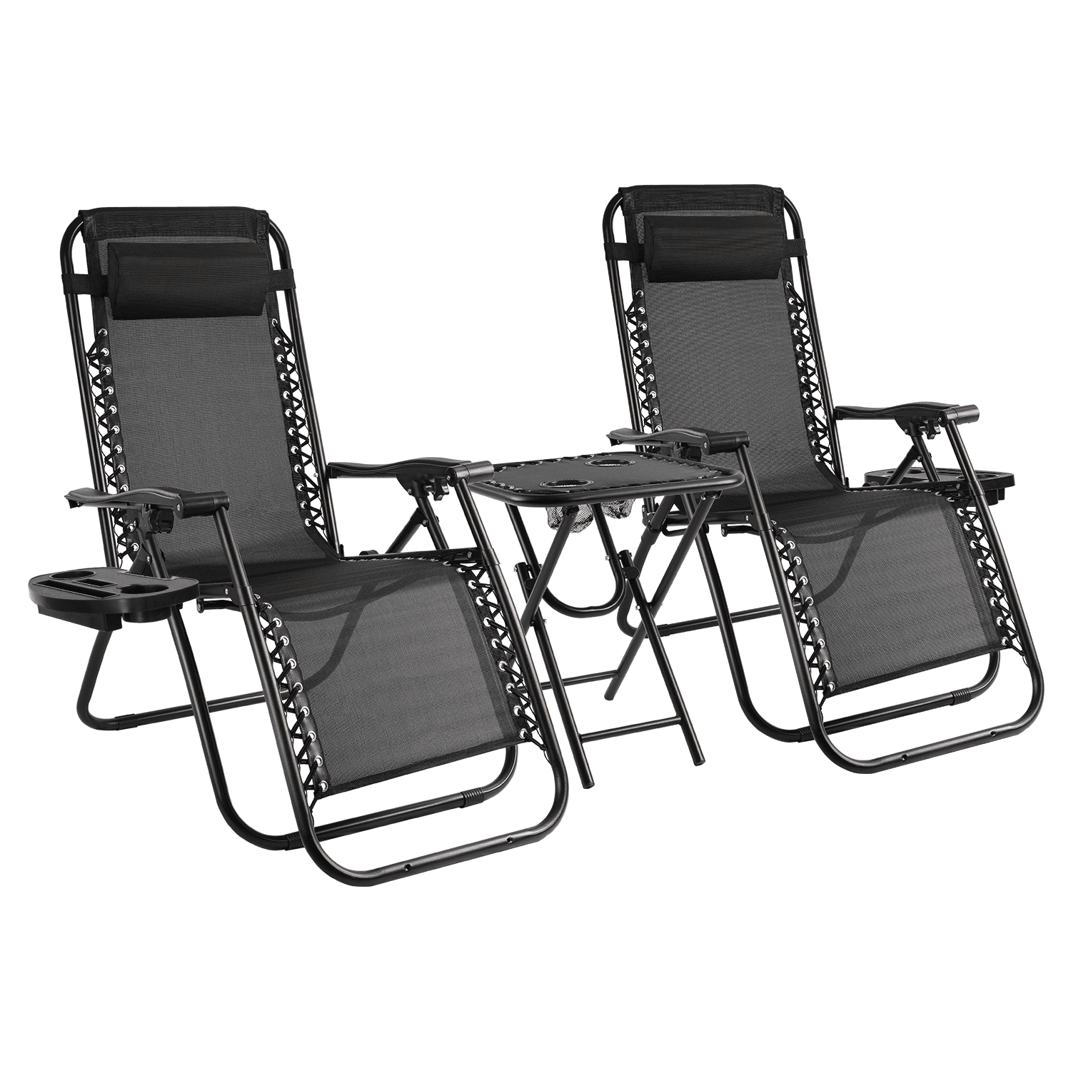 Vineego 3 Pieces Zero Gravity Chair Patio Foldable Chaise Lounge Chairs 2 Beach Chairs and Table with Cup Holders,Black