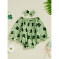 thumbnail image 3 of St Patricks Day Baby Girl Outfit Clover Print Smocked Bubble Romper Jumpsuits with Headband 0 3 6 12 18 Months Cotton Spring Clothes, 3 of 8