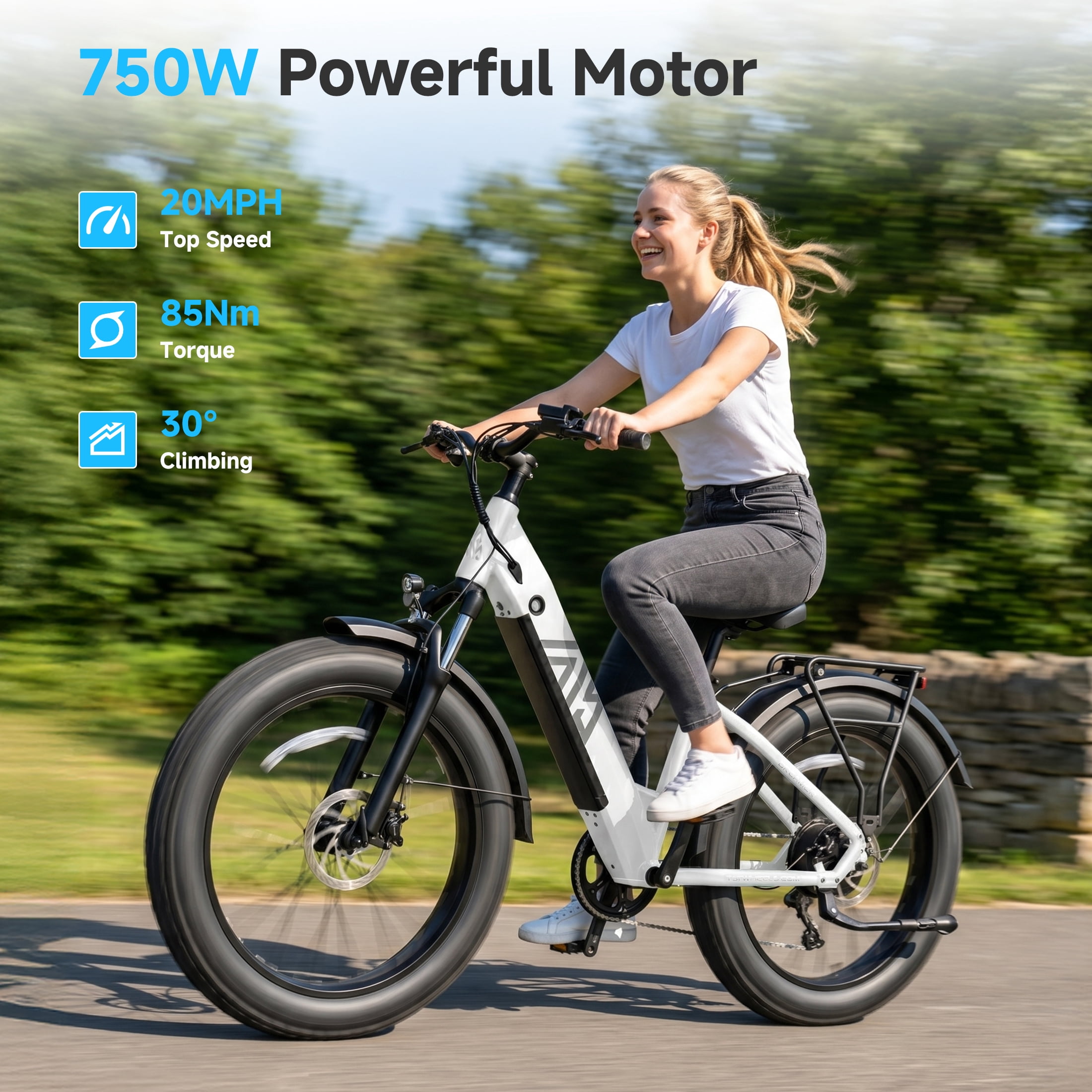TST Electric Bike for Women, 750W E-Mountain Bike, 26" Fat Tire Electric Bike, 48V/15Ah Battery UL2849, 60Miles Long Range, 7-Speed Gear, 20mph Fast Ebike