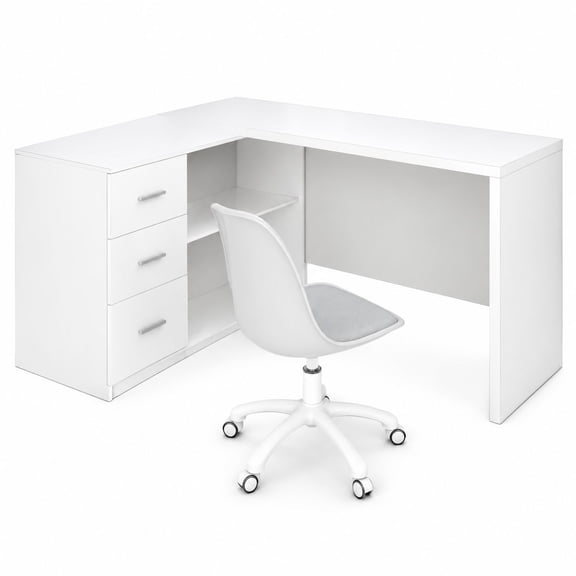 55 Inch White L-Shaped Corner Computer Desk with 3 Drawers & 2 Open Shelves, Reversible Home Office Desk, Modern Wood Executive Desk for Bedroom Study Workstation