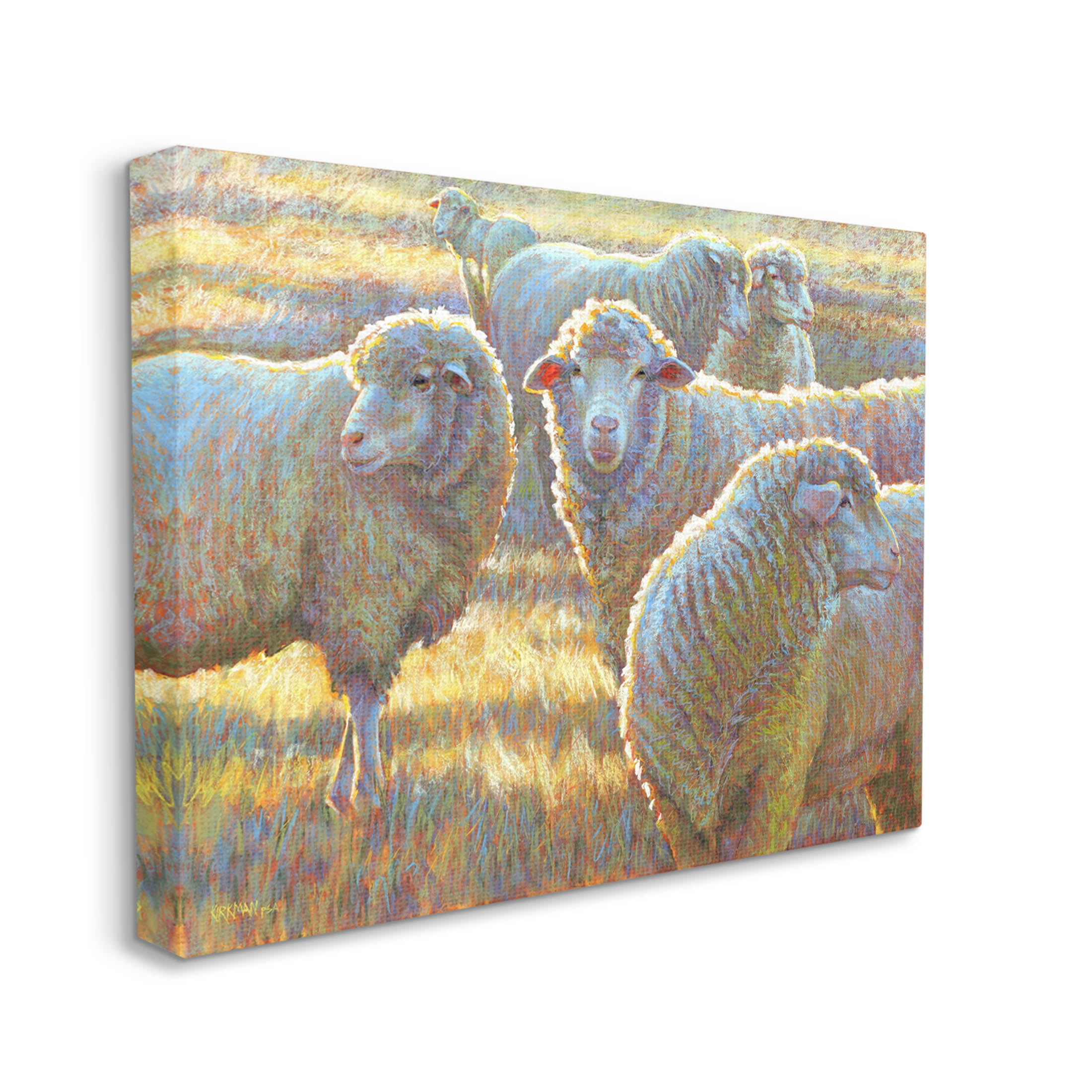 Sheep Herd Grazing Grassland Animals & Insects Painting Gallery Wrapped Canvas Print Wall Art