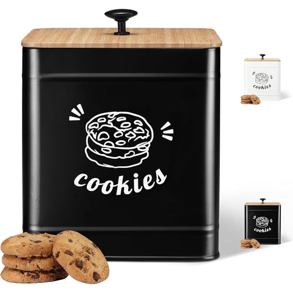 Perfnique Cookie Jar, Cookie Jars with Lids Airtight, 1 Gallon Large Cookie Tin with Bamboo Lid, Cute Cookie Candy Jar for Kitchen Counter Decorative (Black)