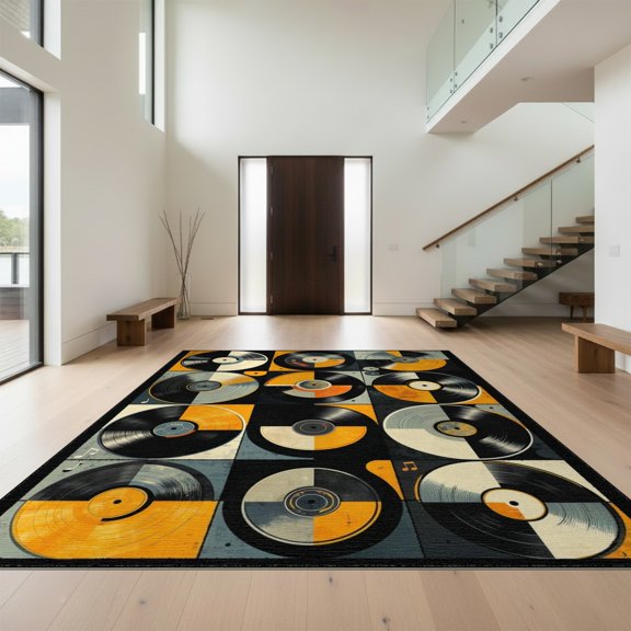 Design&I 8'x10' Washable Area Rug Extra Large Skid-Resistant Low Profile Record Vintage Music Vinyl Disc Guitar Musical Notes Cd Shape for Living Room, Family
