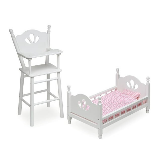 Ensemble Chaise Haute et Lit Poupée Campagnarde Anglaise avec Literie à Chevrons - Blanc/rose