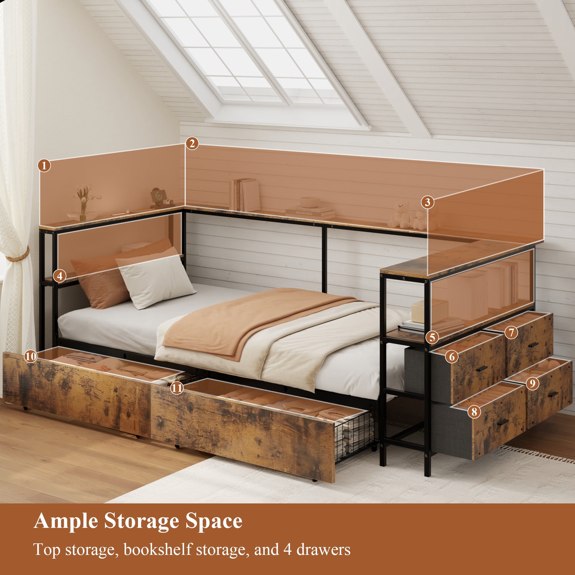 Miniyam L-Shaped Twin Bed Frame with Storage Drawers, Charging Station & Bookshelf, Metal Platform Bed