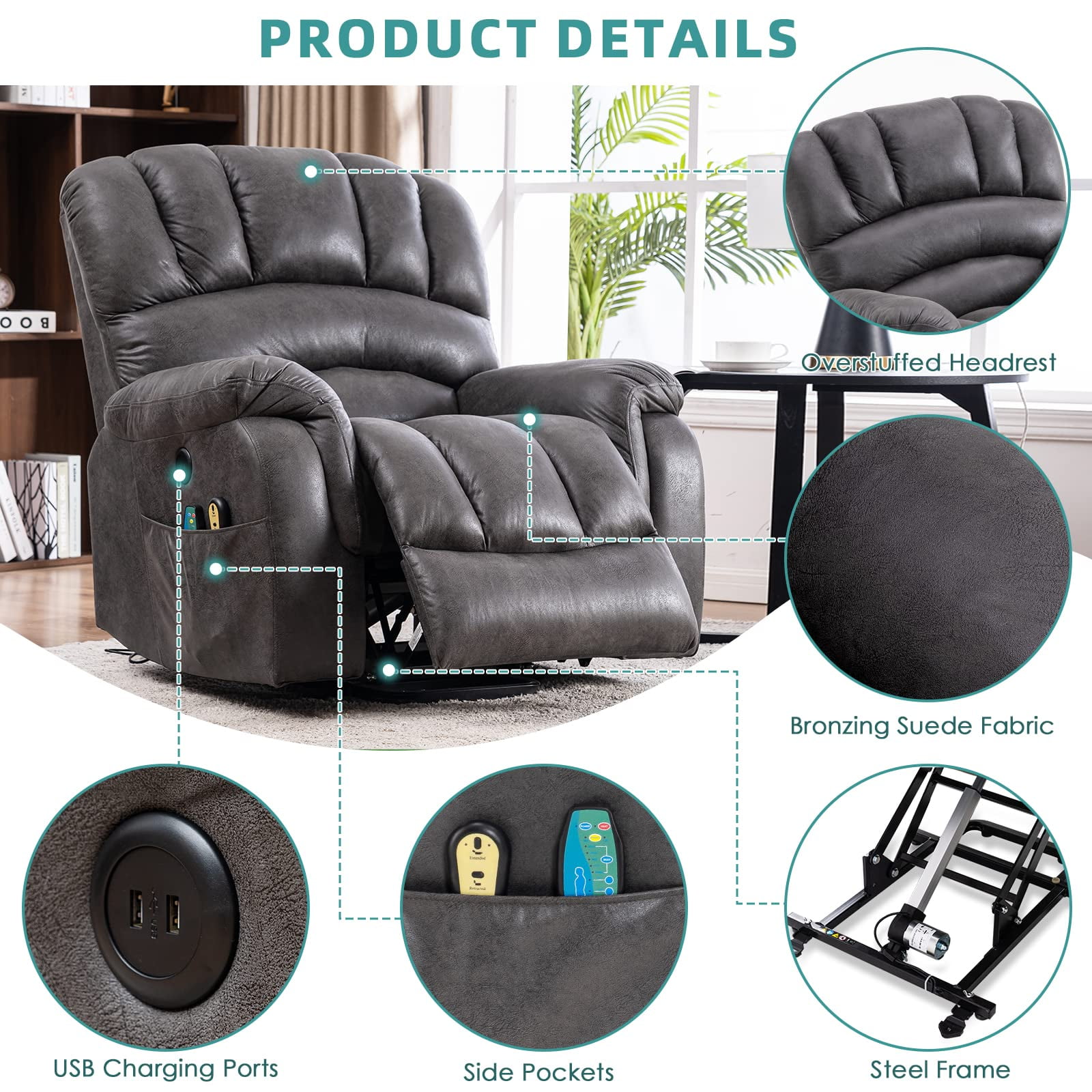 MEETWARM Large Power Lift Electric Recliner Chair with Massage and Heat, Overstuffed Wide Recliner for Elderly Big People, Heavy Duty Recliners with 2 Remote Controls, USB Ports, 2 Side Pockets, Gray