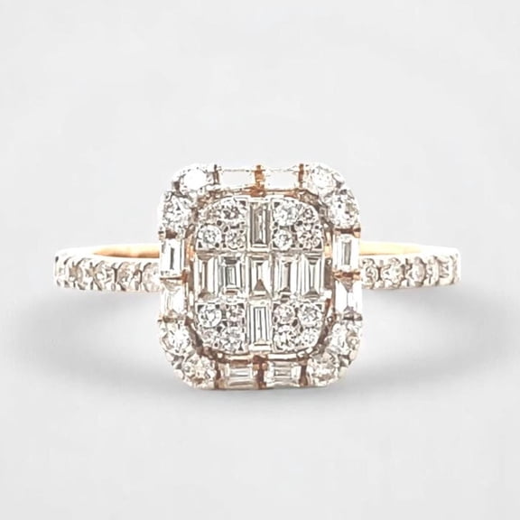 Round & Baguette Diamond Ring in 14k Solid Gold, Illusion Diamond Gold Ring, Natural Diamonds, Ready To Ship, Women's Day Gift