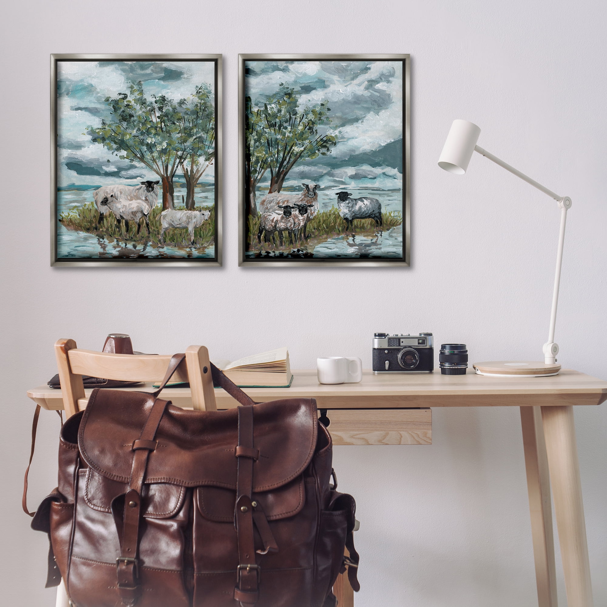 Stupell Industries Sheep in Field Landscape & Nature Painting Gray Floater Framed Canvas Art Print Wall Art, 31 x 25, Set of 2